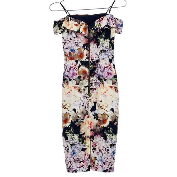 ASOS WEDDING Bardot Navy Floral Off Shoulder Pencil Dress - Picture 6 of 8